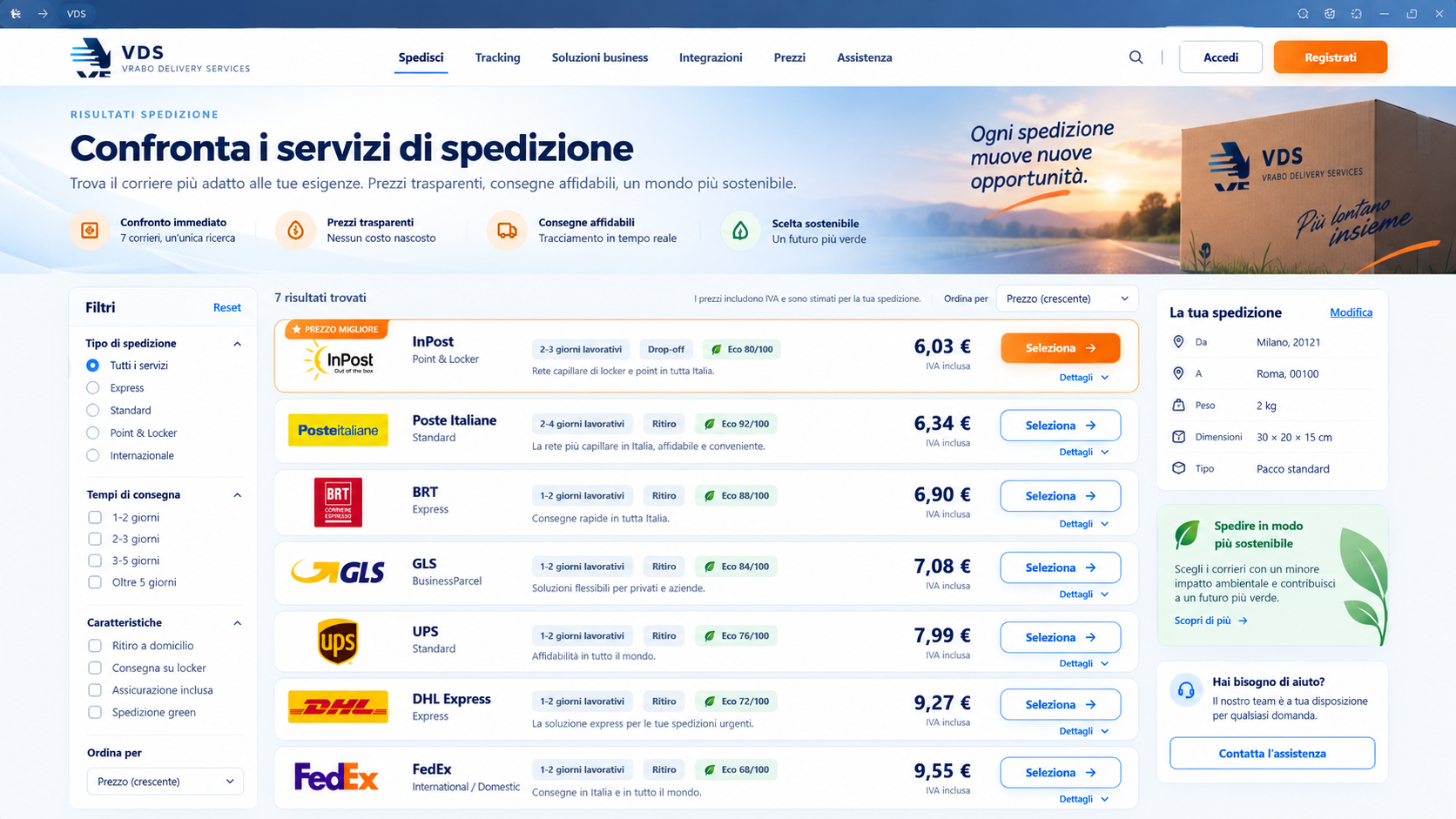 Interfaccia VDS confronto spedizioni